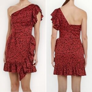 Jay Godfrey One Shoulder Ruffle Red Black Animal Print Cocktail Party Dress Sz 8